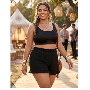 SHEIN Black Crochet Knit Ruffle Trim High Waist Swim Shorts Womens Large 8/10